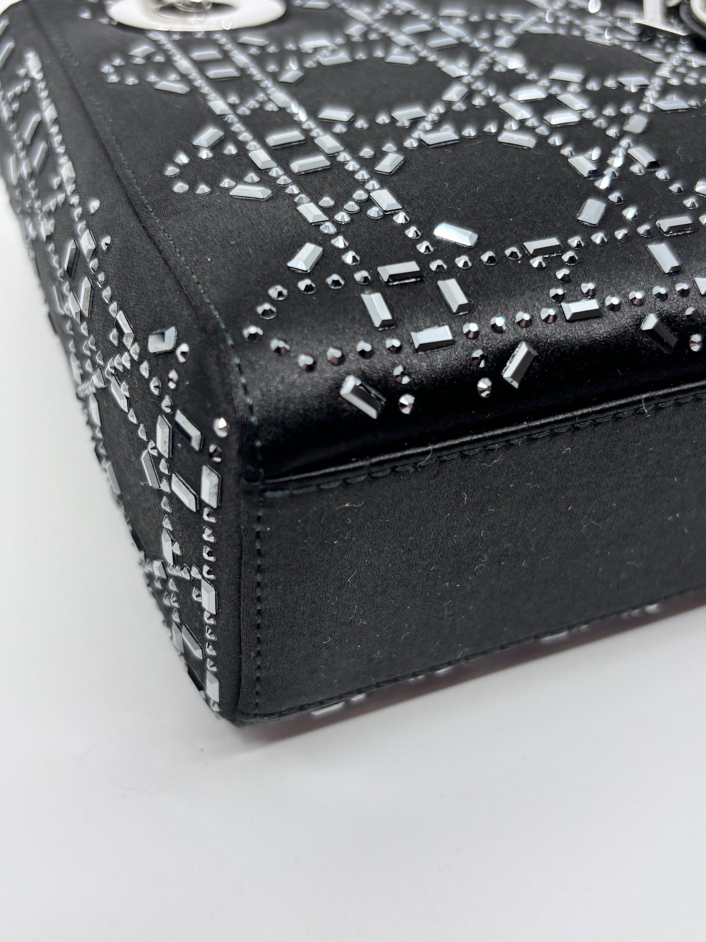 Satin Crystal Cannage Mini Lady Dior Black