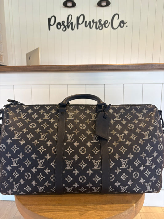 Navy Louis Vuitton Monogram Shadow Calfskin Leather Keepall 50, 50
