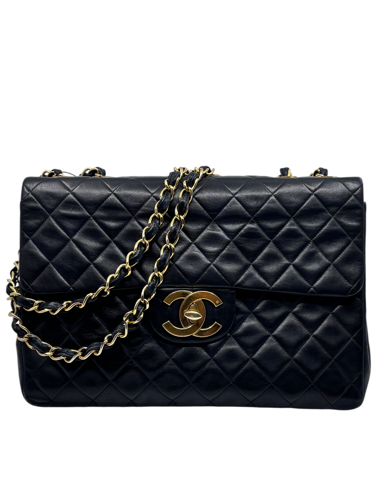 Posh Purse Co black quilted calfskin Chanel Jumbo double flap bag with gold CC turn-lock and leather-woven chain strap