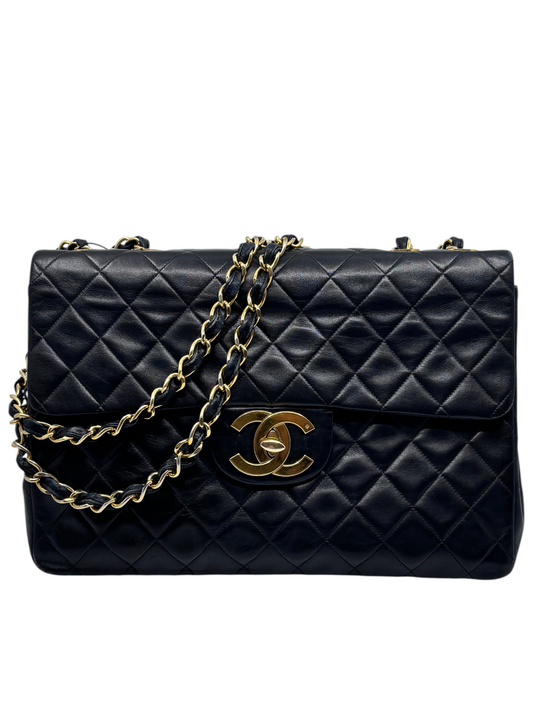 Posh Purse Co black quilted calfskin Chanel Jumbo double flap bag with gold CC turn-lock and leather-woven chain strap