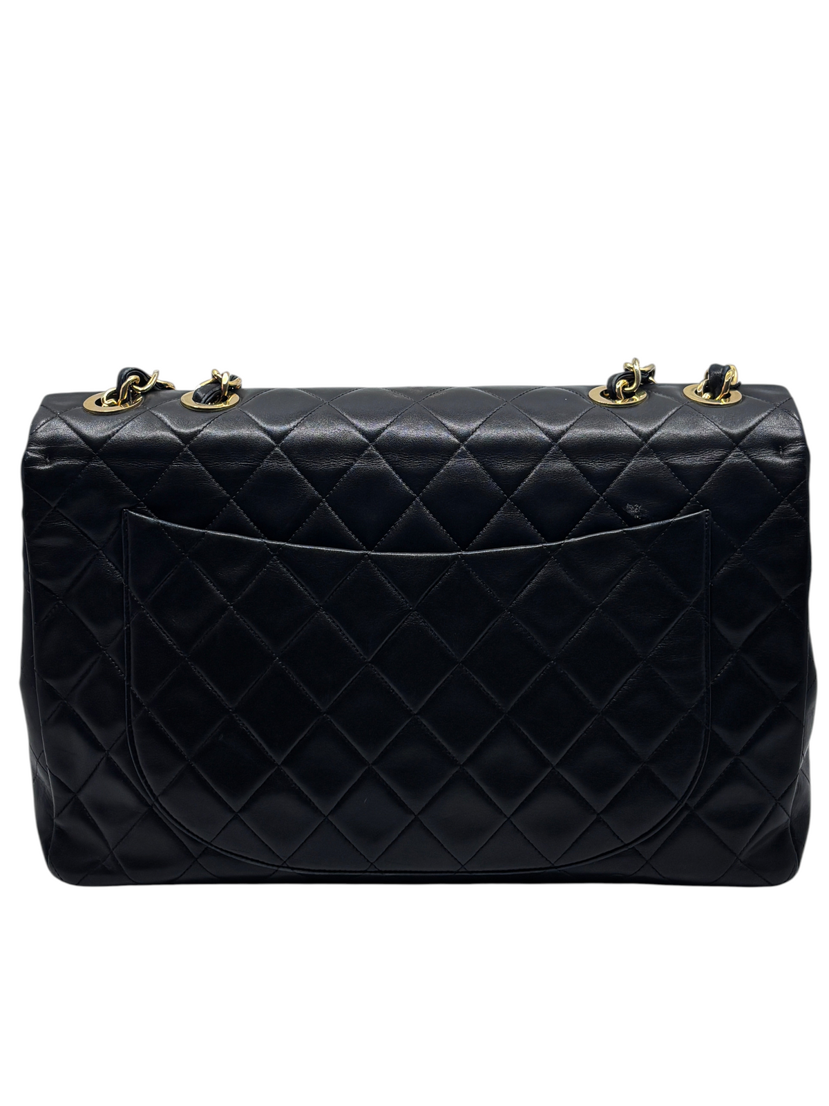 Posh Purse Co black quilted calfskin Chanel Jumbo double flap bag with gold chain strap, back view.