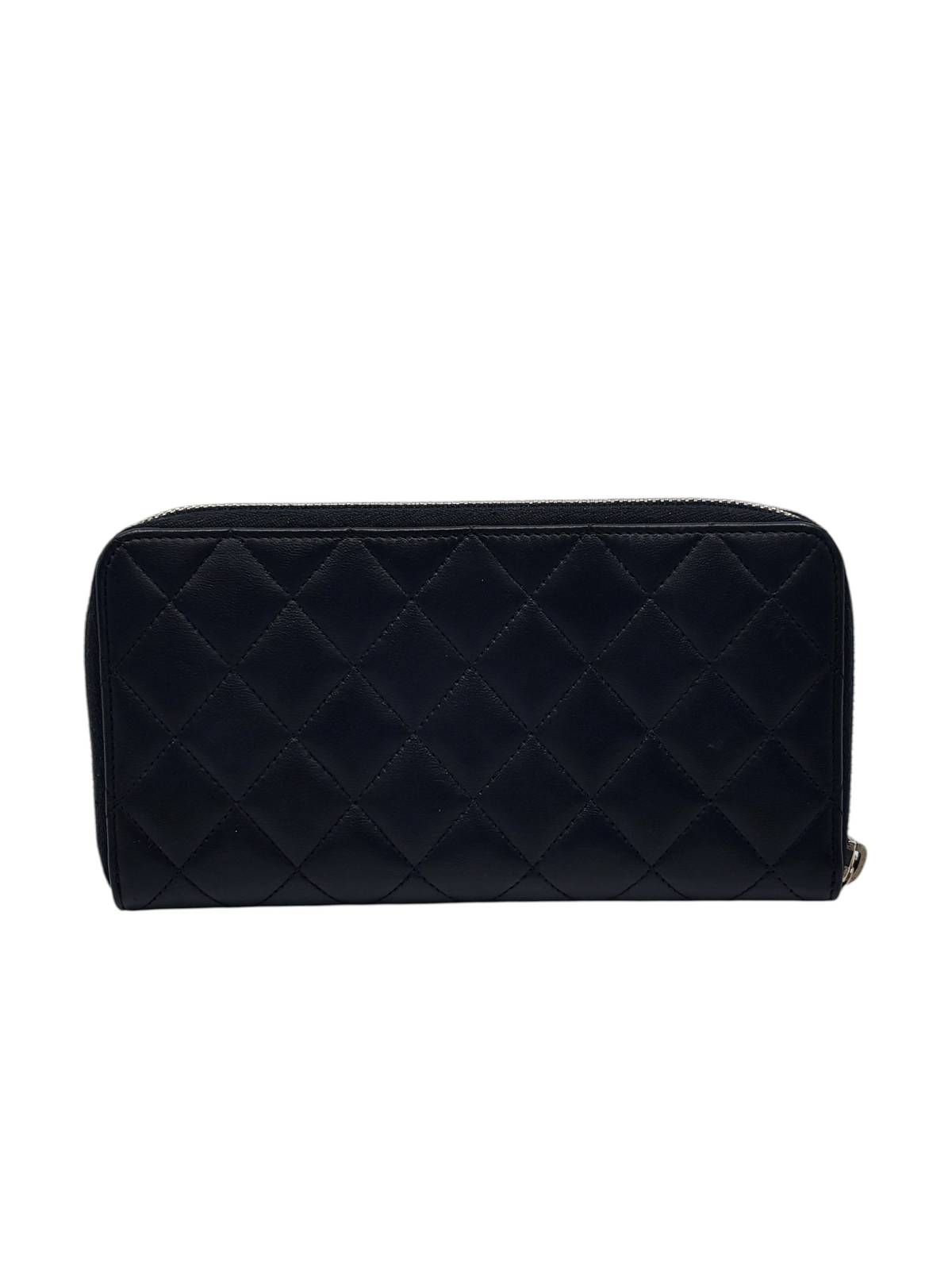Posh Purse Co. authentic preloved black quilted leather Chanel Continental wallet with zip-around closure.