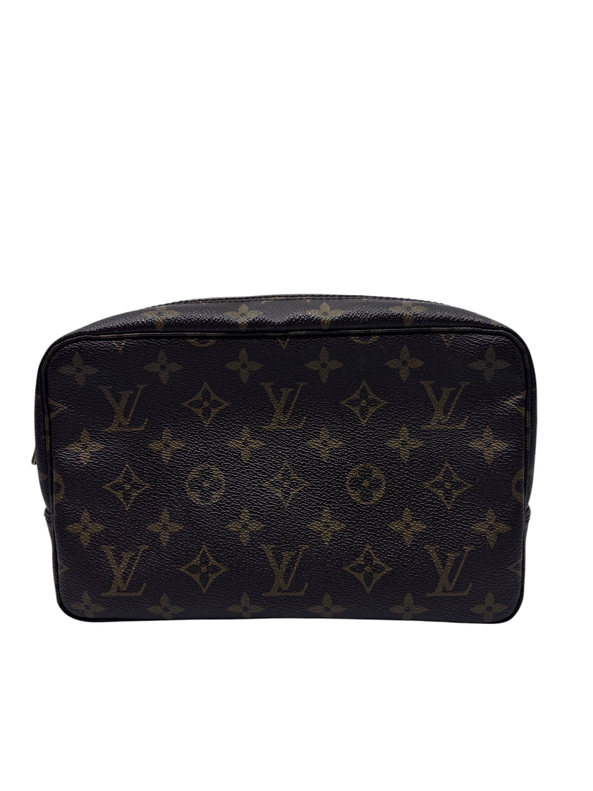 Posh Purse Co. preloved Louis Vuitton Trousse Toilette 23 in brown monogram coated canvas with zip-top closure.