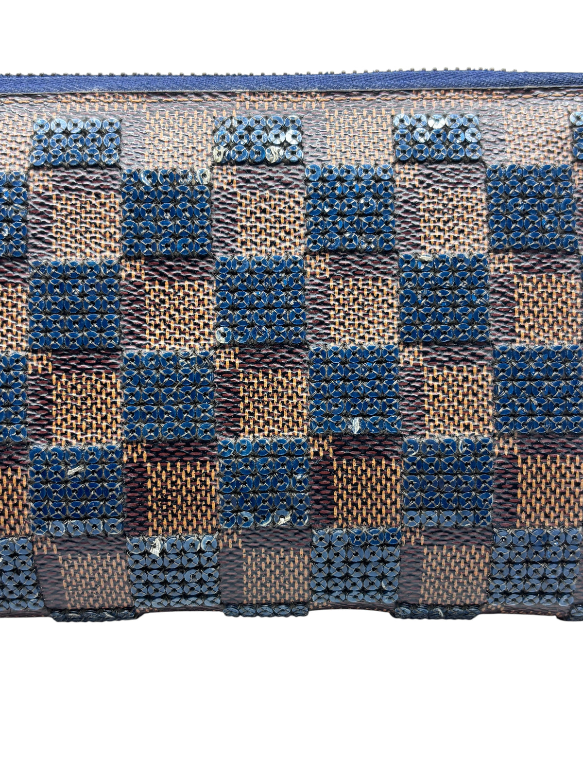 Posh Purse Co Louis Vuitton Damier Ebene Paillettes Zippy Wallet featuring blue sequin embellishments on canvas