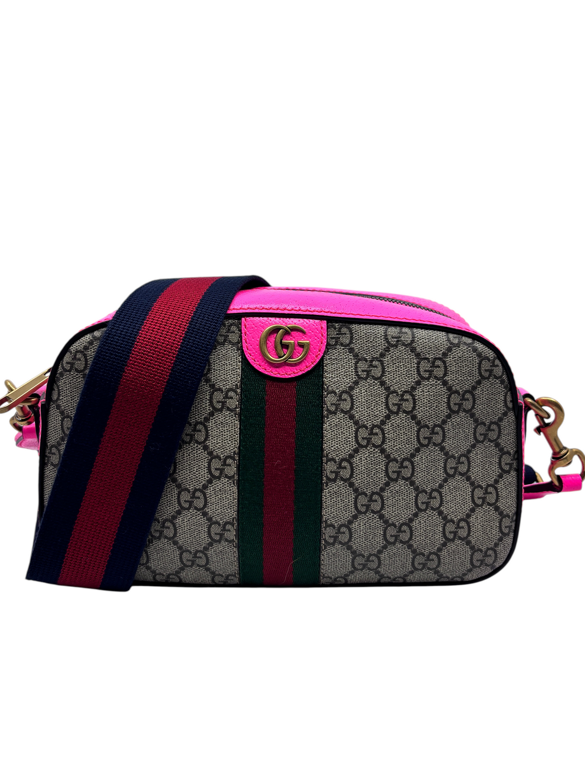 Posh Purse Co. Gucci Ophidia small camera bag in GG monogram canvas with vibrant hot pink leather trim and web stripe.