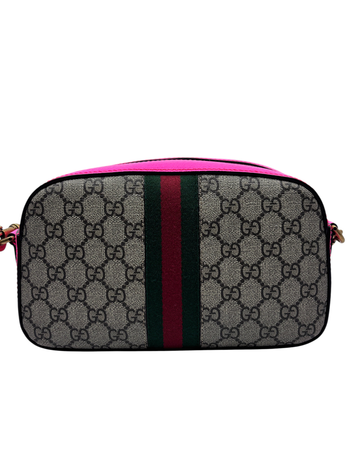 Posh Purse Co. Gucci Ophidia small camera bag in GG monogram canvas with vibrant hot pink leather trim and web stripe.