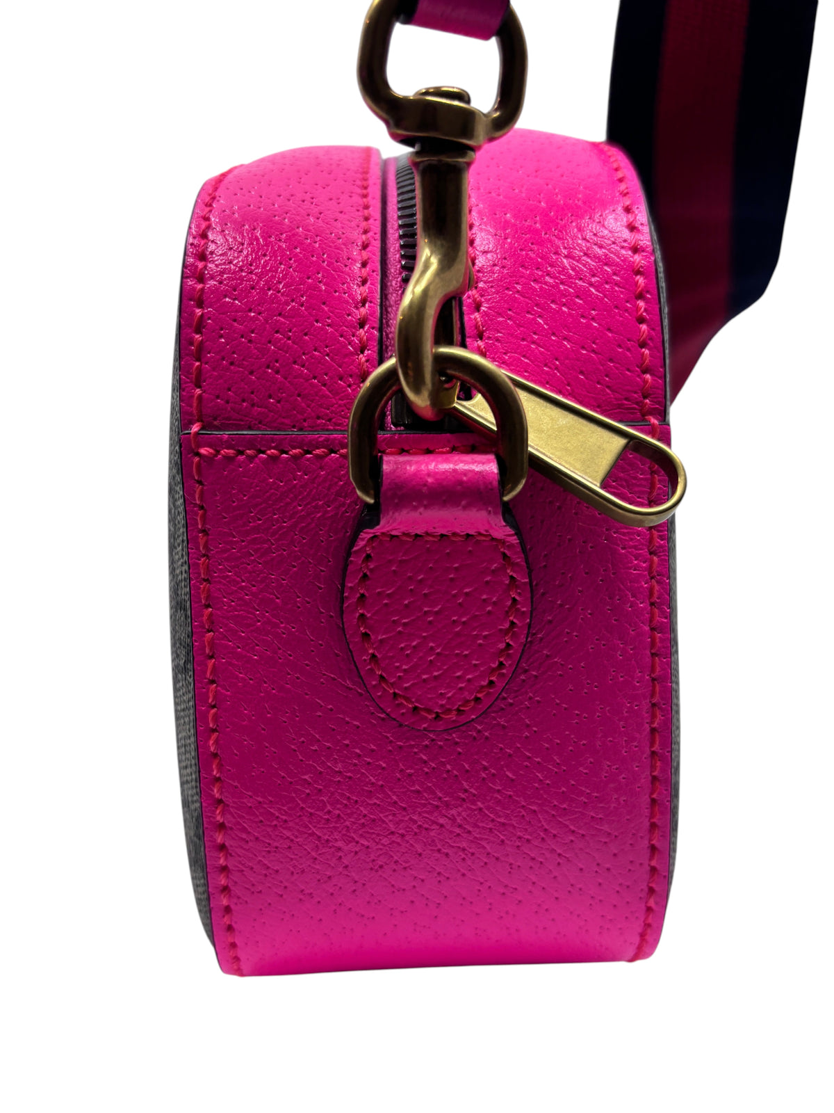 Posh Purse Co. Gucci Ophidia camera bag side view featuring vibrant hot pink textured leather and gold-tone hardware.