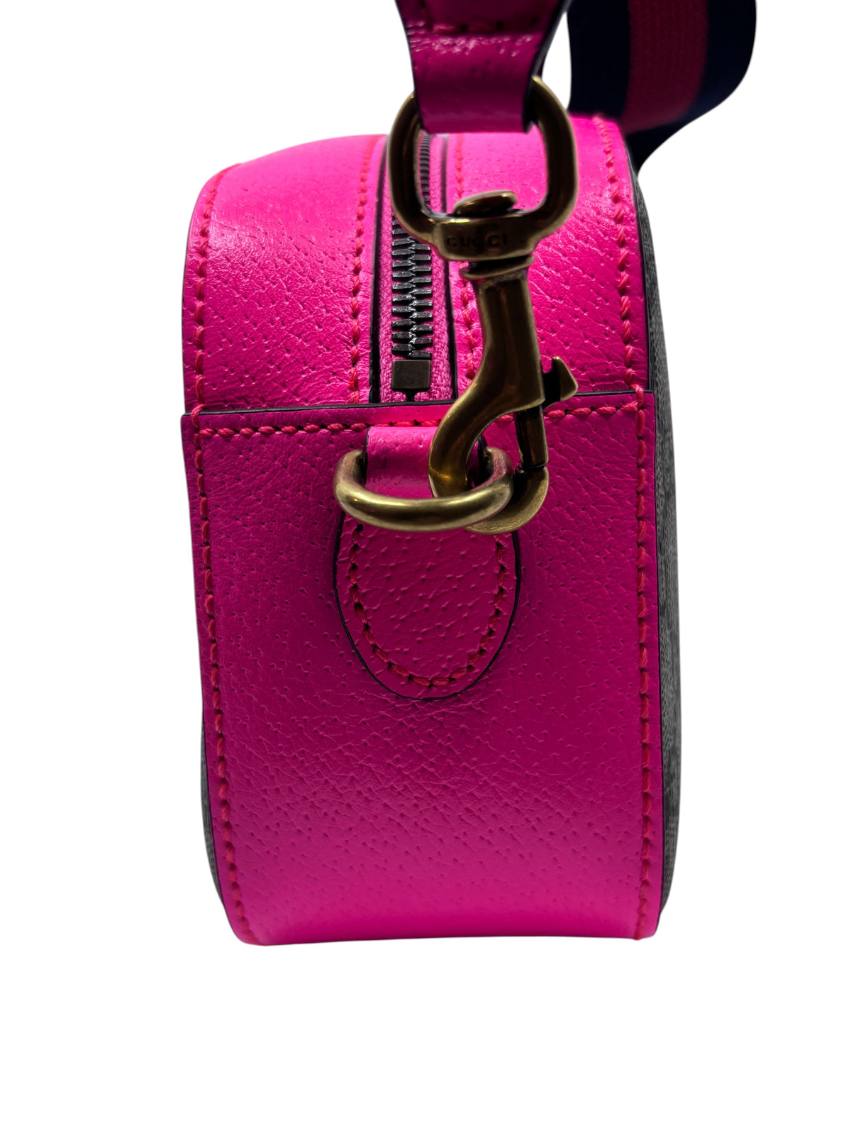 Posh Purse Co. Gucci Ophidia camera bag side view featuring vibrant hot pink leather trim and antique gold hardware.