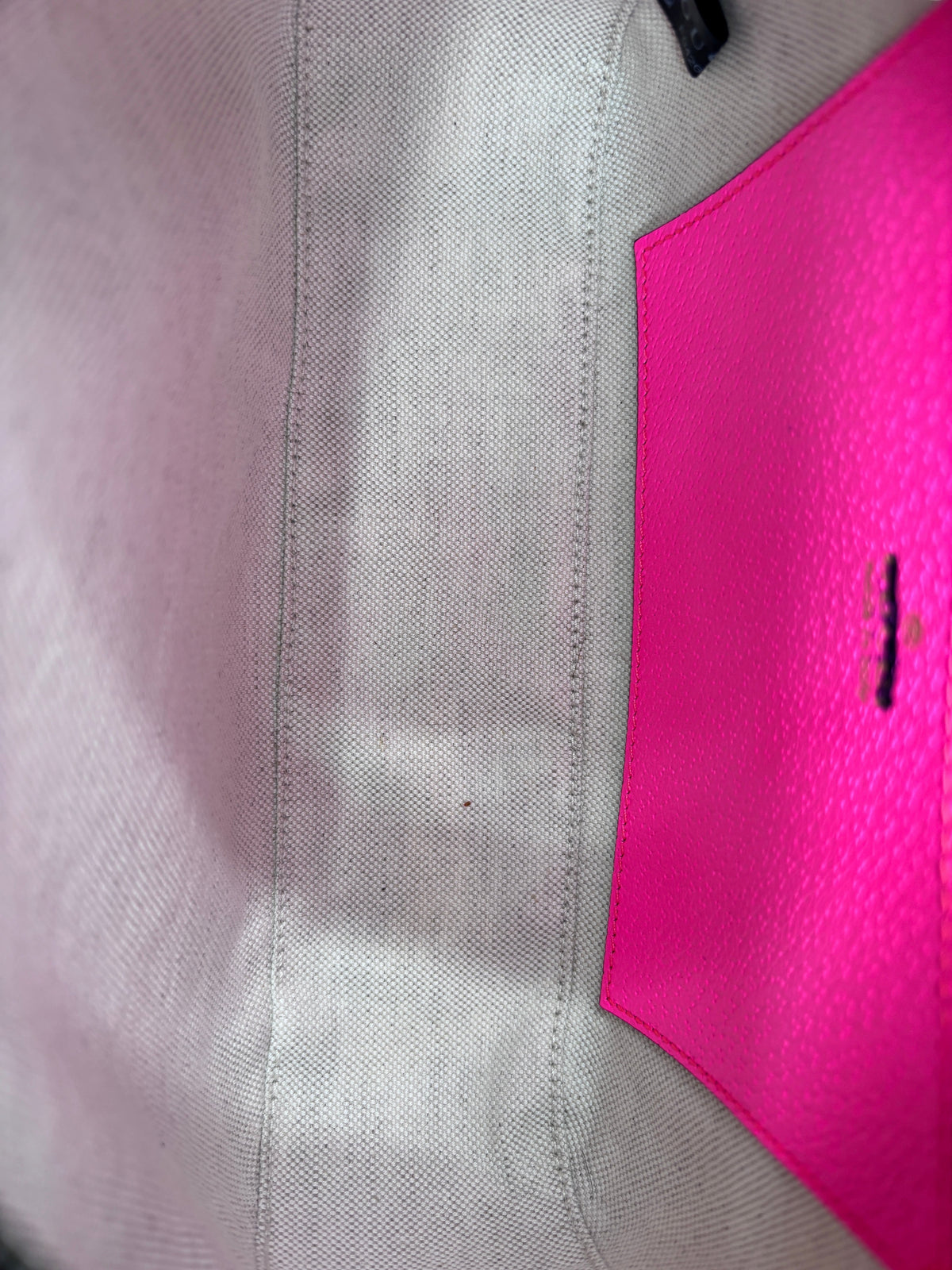 Interior of Posh Purse Co. Gucci Ophidia camera bag featuring light fabric lining and vibrant hot pink leather pocket