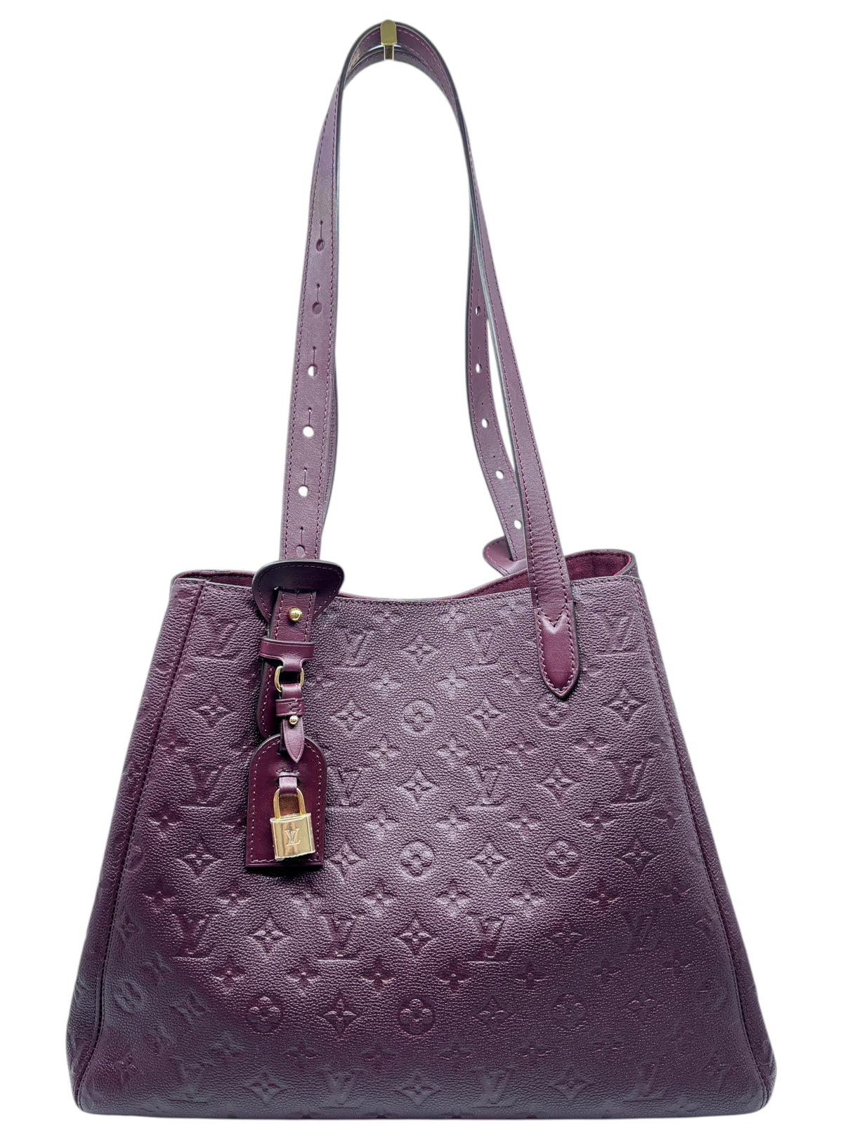 Posh Purse Co. maroon Louis Vuitton Empreinte All-In-One bag with embossed monogram leather and gold padlock charm.