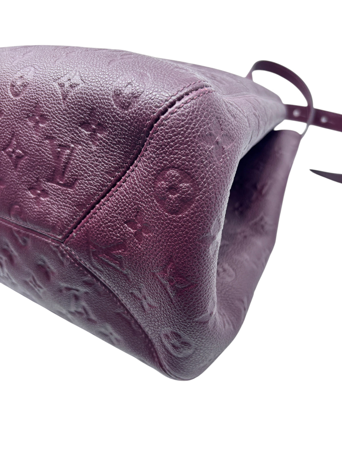Posh Purse Co. maroon Louis Vuitton Empreinte leather bag with embossed monogram detail and side view