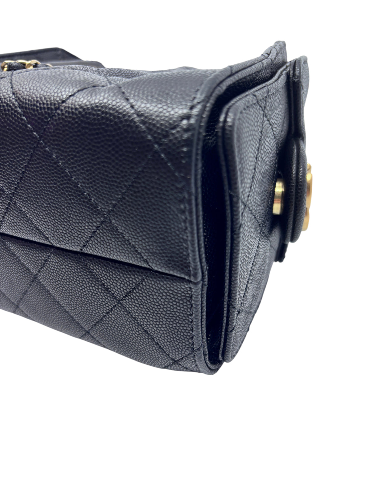 Posh Purse Co. black quilted Chanel 25 Mini Hobo bag with gold hardware, showing side profile and leather texture.