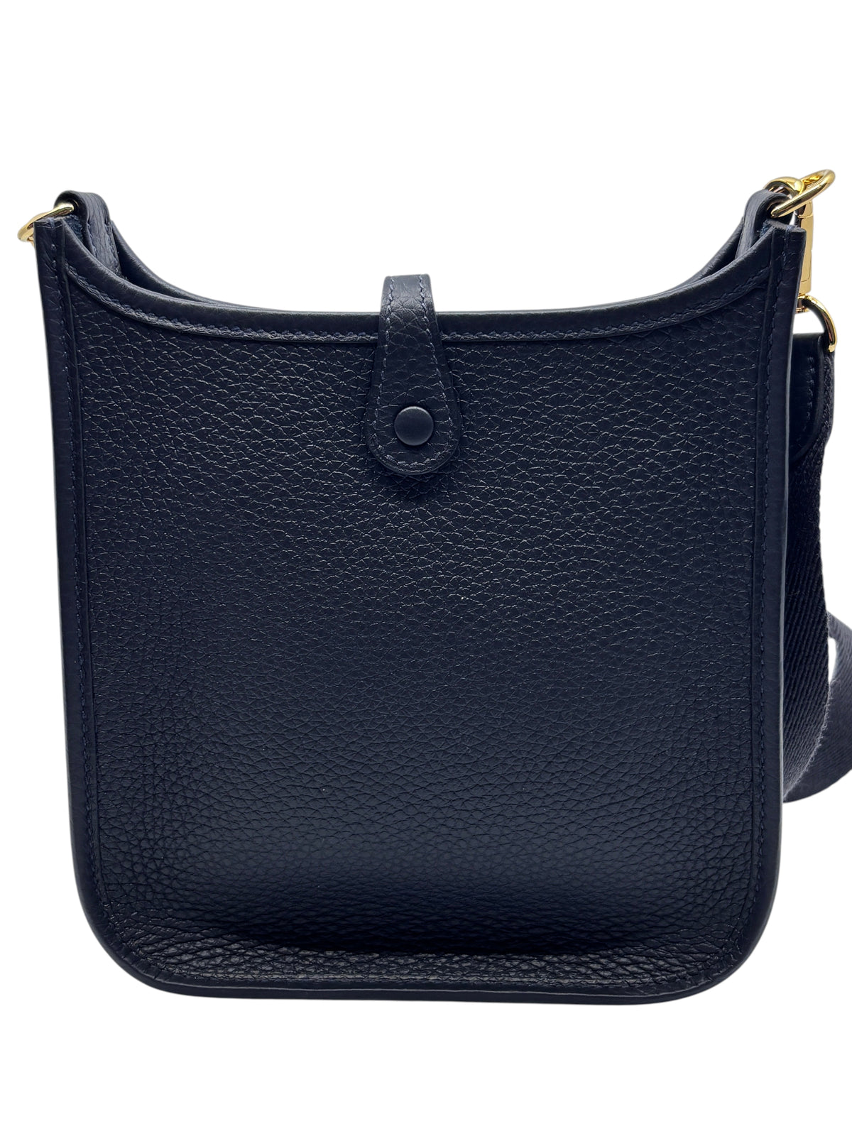 Posh Purse Co. Hermès Evelyne TPM mini crossbody bag in dark leather with gold hardware and snap closure