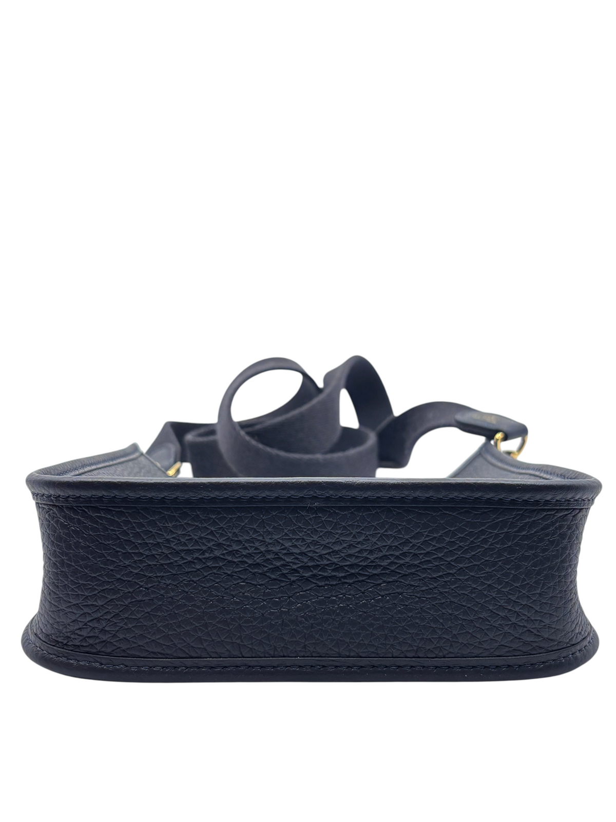 Posh Purse Co. Hermès Evelyne TPM mini crossbody bag in dark leather with gold hardware, bottom view.
