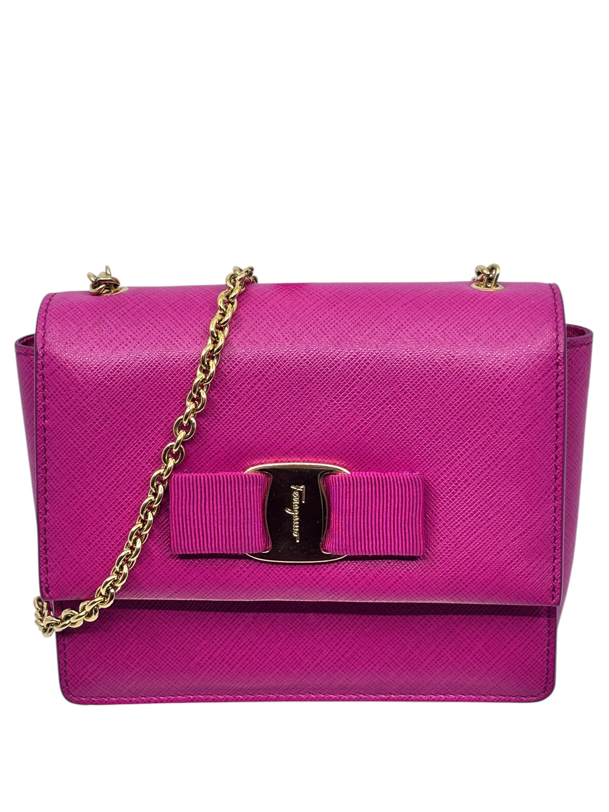 Posh Purse Co. pink Salvatore Ferragamo Vara Bow crossbody bag with gold chain strap and signature bow detail.
