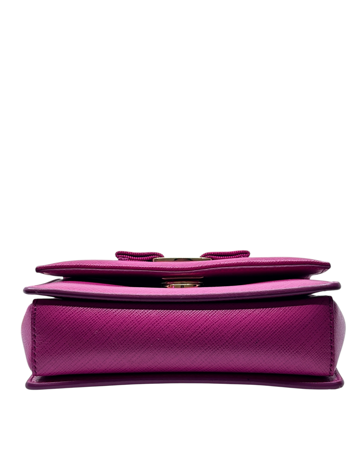 Posh Purse Co. pink Salvatore Ferragamo Vara Bow crossbody bag viewed from the side showing textured leather detail