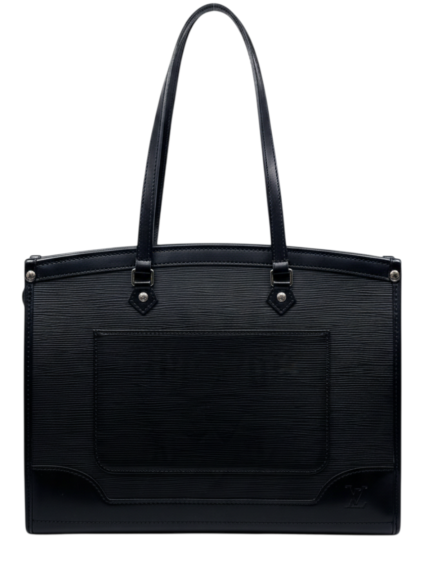Posh Purse Co. black Louis Vuitton Epi leather Madeleine tote bag with structured silhouette and top handles