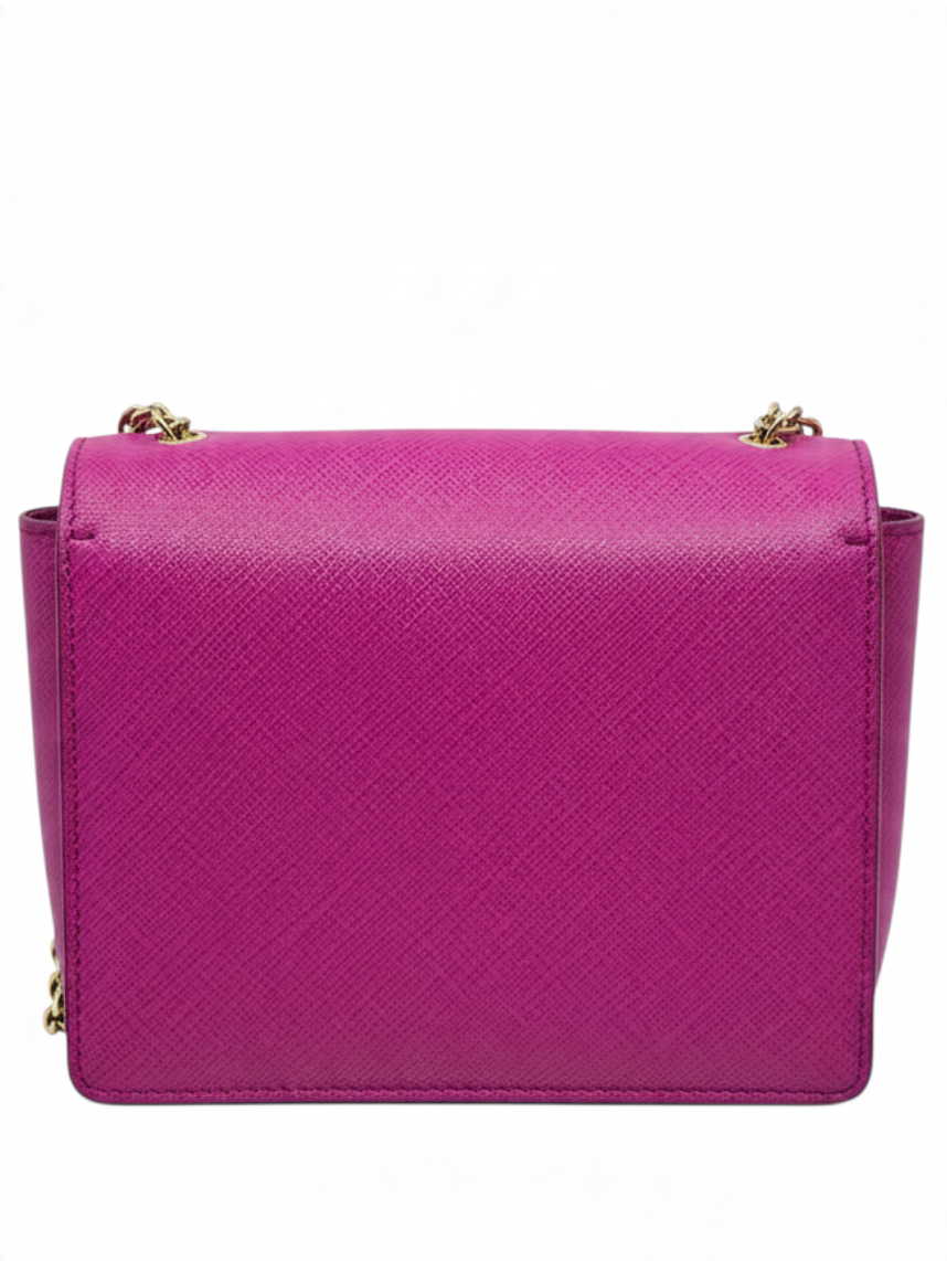 Back view of a pink Salvatore Ferragamo Vara Bow crossbody bag with textured leather, sold by Posh Purse Co.
