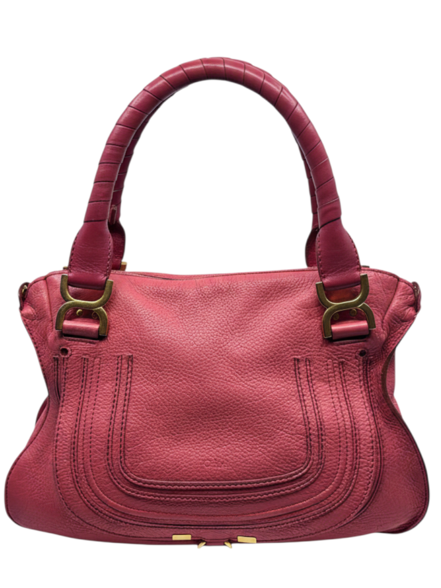 Posh Purse Co. coral leather Chloé Marcie medium satchel with signature curved stitching and gold-tone hardware.