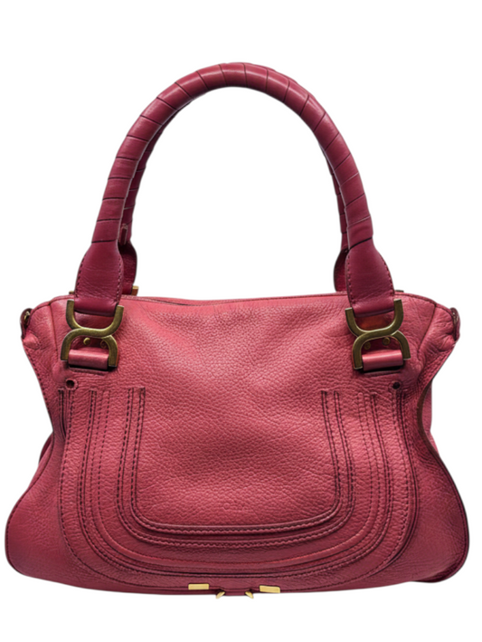Posh Purse Co. coral leather Chloé Marcie medium satchel with signature curved stitching and gold-tone hardware.