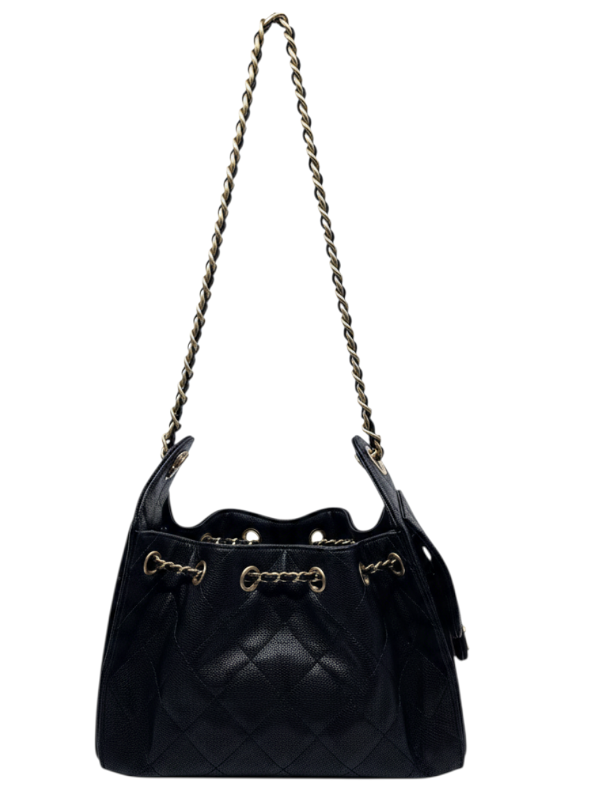 Posh Purse Co. Chanel 25 Mini Hobo bag in black quilted leather with gold-tone chain strap and hardware.