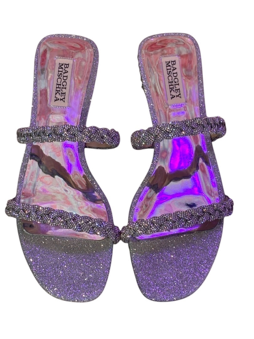 Posh Purse Co Badgley Mischka Embellished Flat Sandals in glitter purple with braided straps and beadwork.