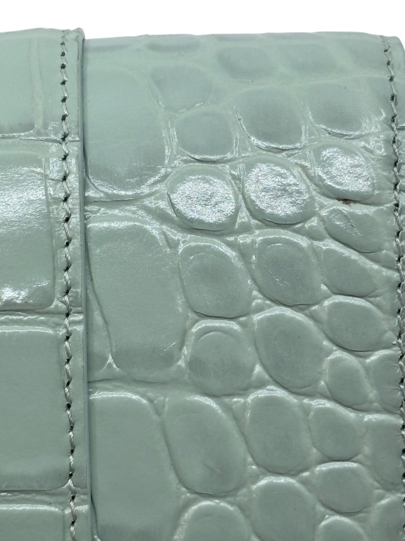 Close-up of light blue croc-embossed leather on a Posh Purse Co Balenciaga Hourglass bag showing texture and stitching
