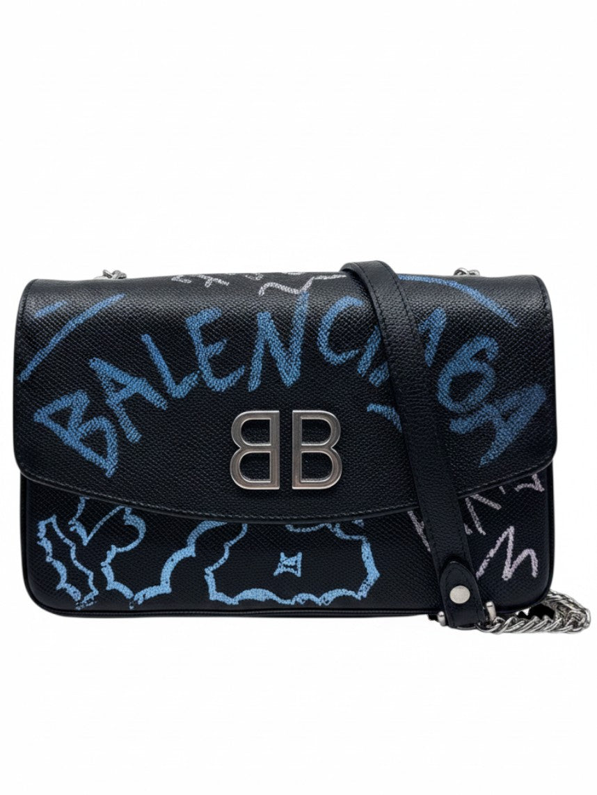Posh Purse Co black Balenciaga graffiti wallet on chain with silver hardware and signature logo crossbody strap