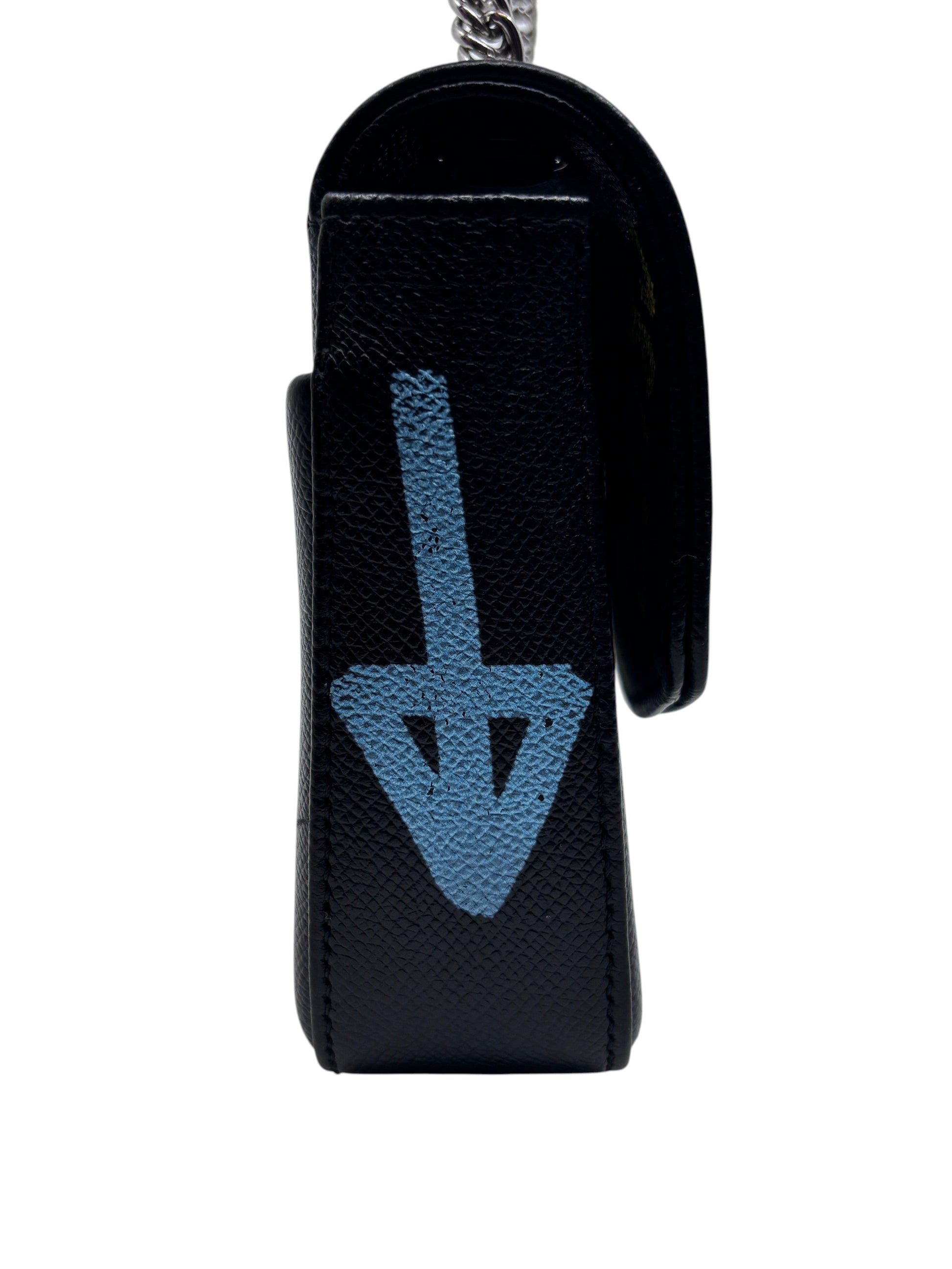 Posh Purse Co black Balenciaga graffiti wallet on chain with blue arrow detail viewed from the side