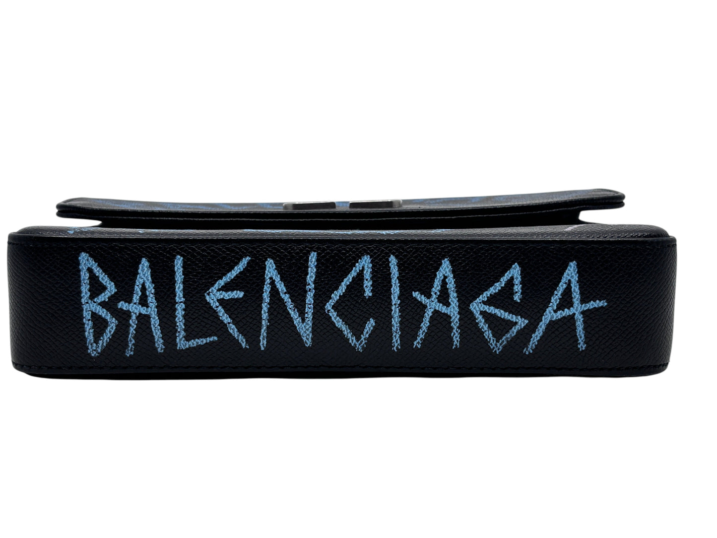 Posh Purse Co black Balenciaga wallet on chain featuring signature blue graffiti logo detailing on the side