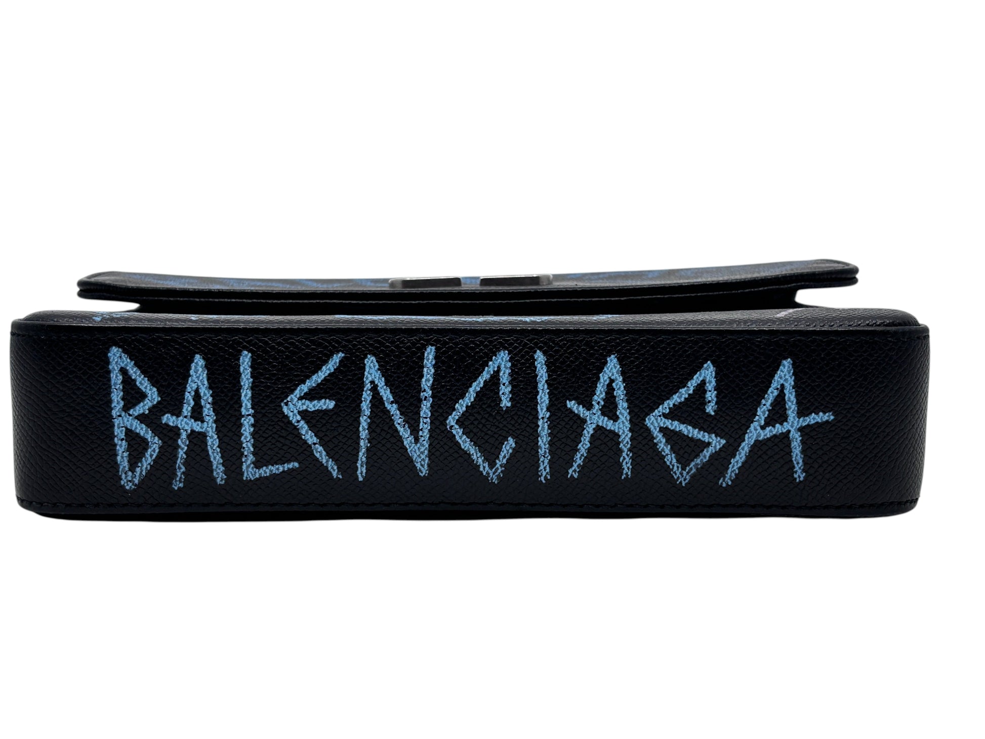 Posh Purse Co black Balenciaga wallet on chain featuring signature blue graffiti logo detailing on the side