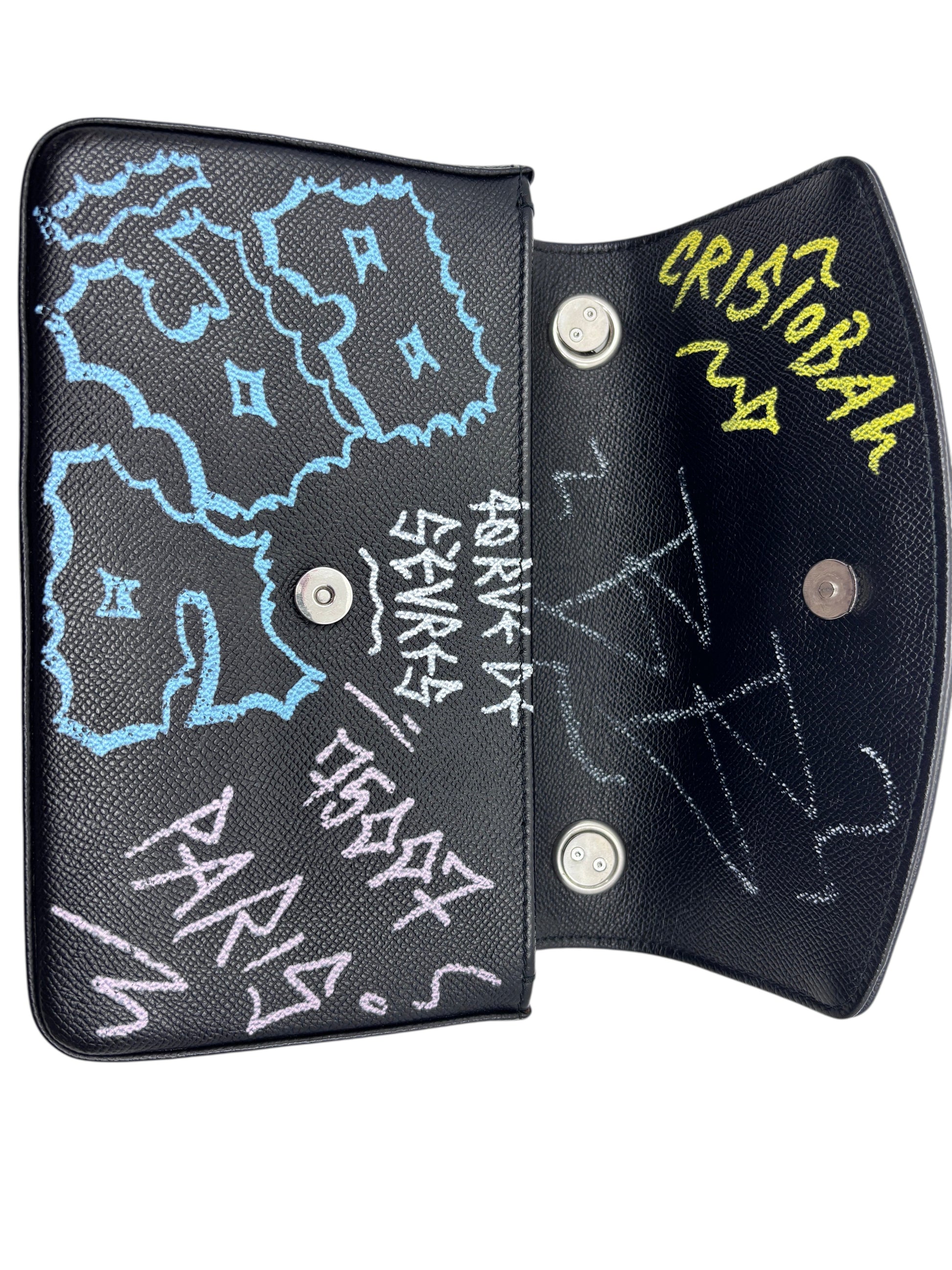 Posh Purse Co preloved black Balenciaga graffiti wallet on chain with colorful artistic text and magnetic closure