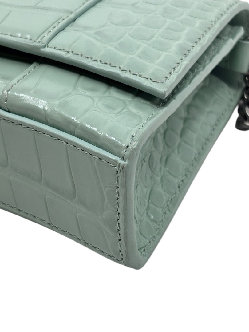 Posh Purse Co Balenciaga Hourglass chain bag in light green croc-embossed leather with structured curved base