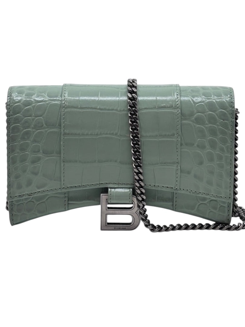 Posh Purse Co Balenciaga Hourglass chain bag in sage green croc-embossed leather with signature B logo hardware