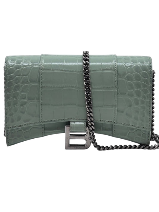 Posh Purse Co Balenciaga Hourglass chain bag in sage green croc-embossed leather with signature B logo hardware