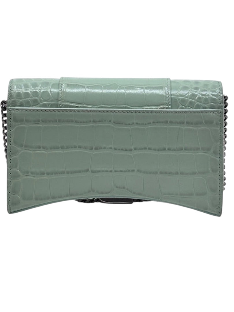 Posh Purse Co Balenciaga Hourglass chain bag in sage green croc-embossed leather with a curved base and chain strap