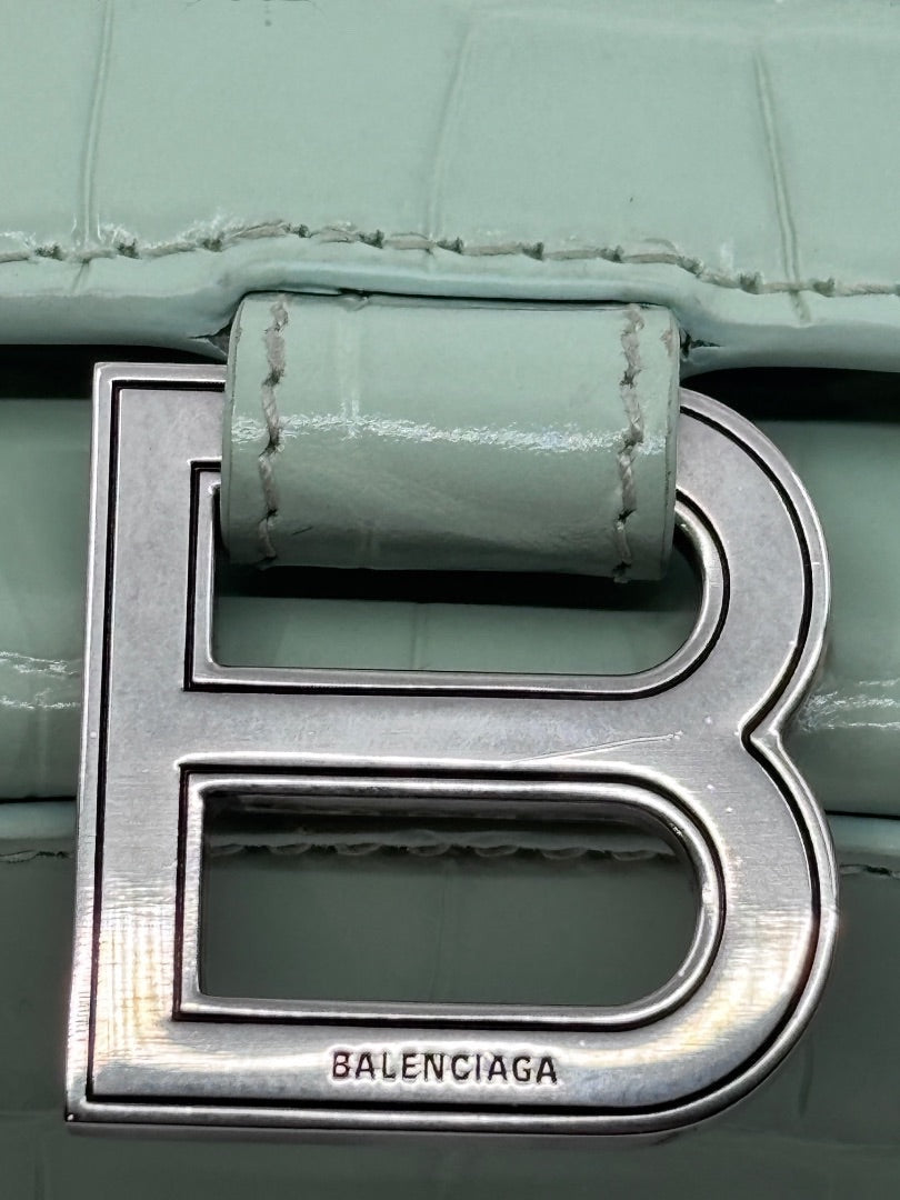 Posh Purse Co Balenciaga Hourglass bag featuring mint green croc-embossed leather and silver B logo hardware