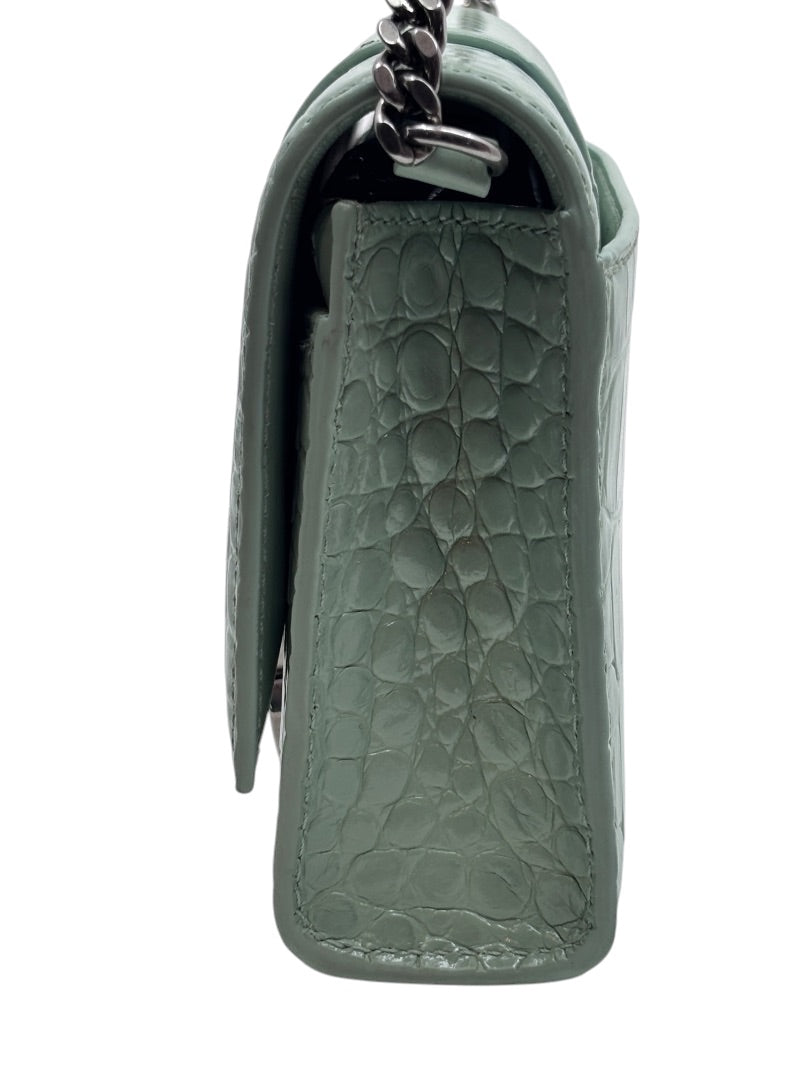 Posh Purse Co Balenciaga Hourglass chain bag in sage green croc-embossed leather with a side profile view