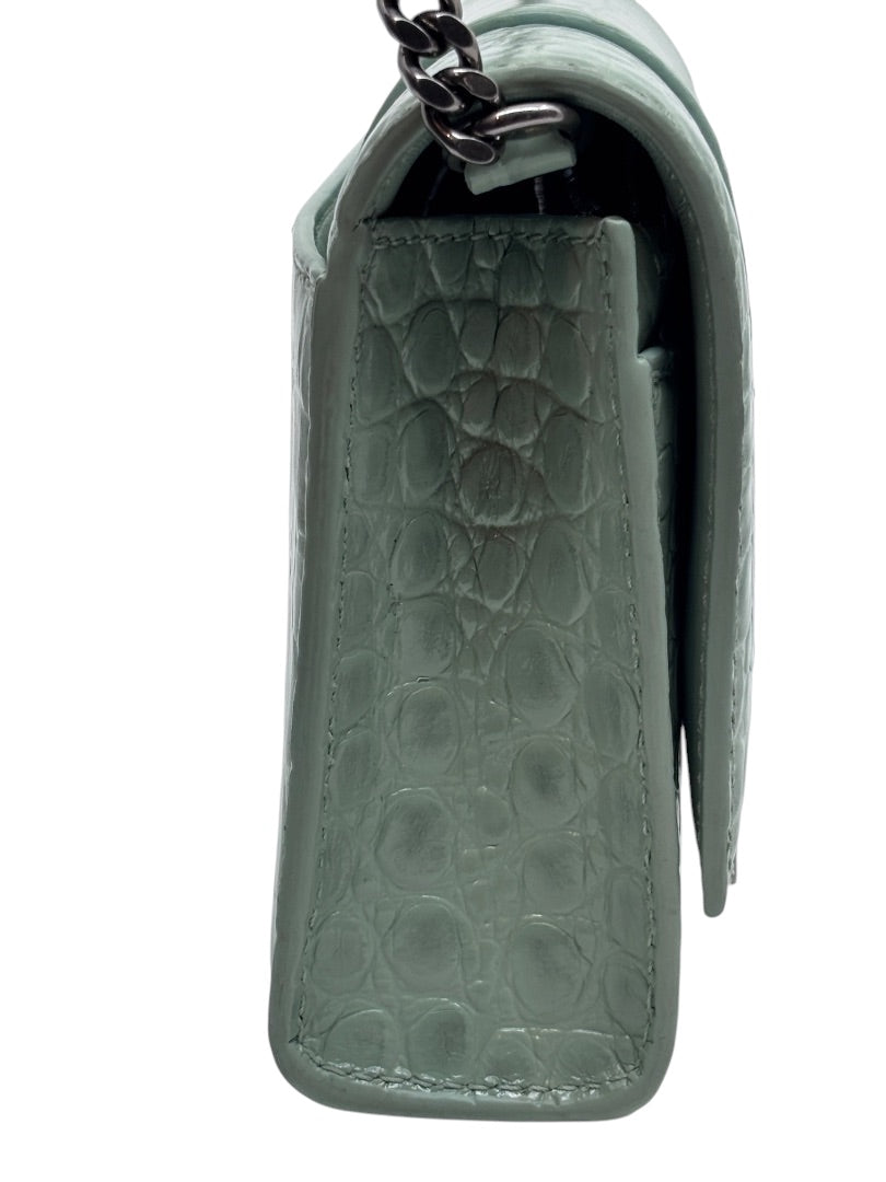 Posh Purse Co Balenciaga Hourglass chain bag in light green croc-embossed leather with a structured side profile