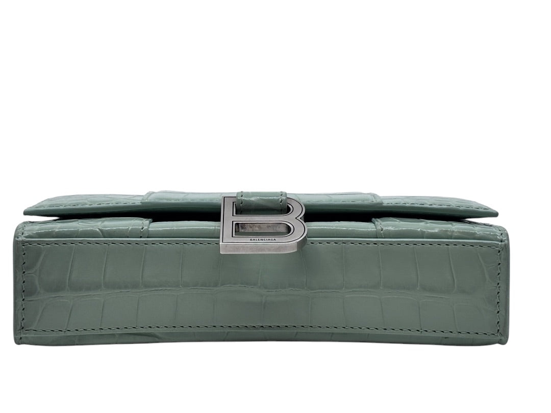 Posh Purse Co Balenciaga Hourglass chain bag in sage green croc-embossed leather with signature B logo hardware
