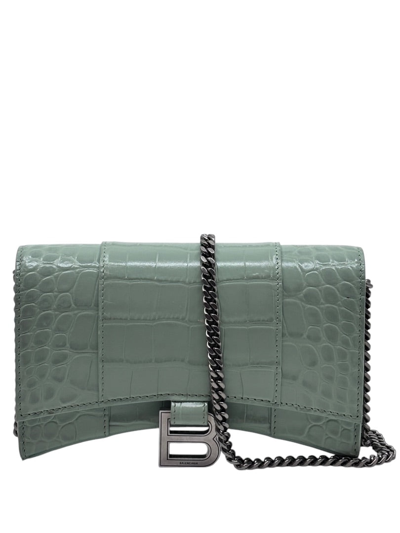 Posh Purse Co Balenciaga Hourglass chain bag in sage green croc-embossed leather with signature B logo hardware