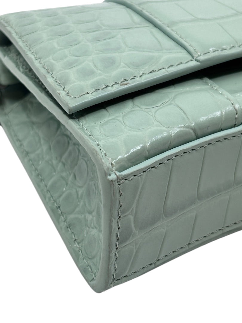 Posh Purse Co Balenciaga Hourglass chain bag in light green croc-embossed leather showing side construction detail