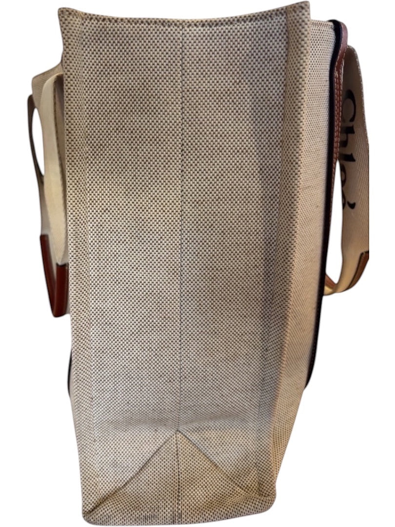 Posh Purse Co beige canvas Chloe Woody tote bag with brown leather trim and logo straps.