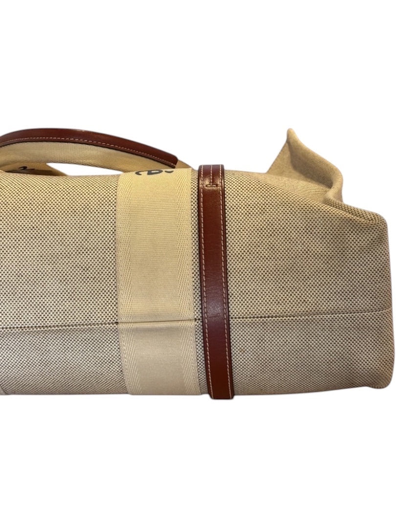 Posh Purse Co beige canvas Chloé Woody large tote bag with brown leather trim and logo straps.