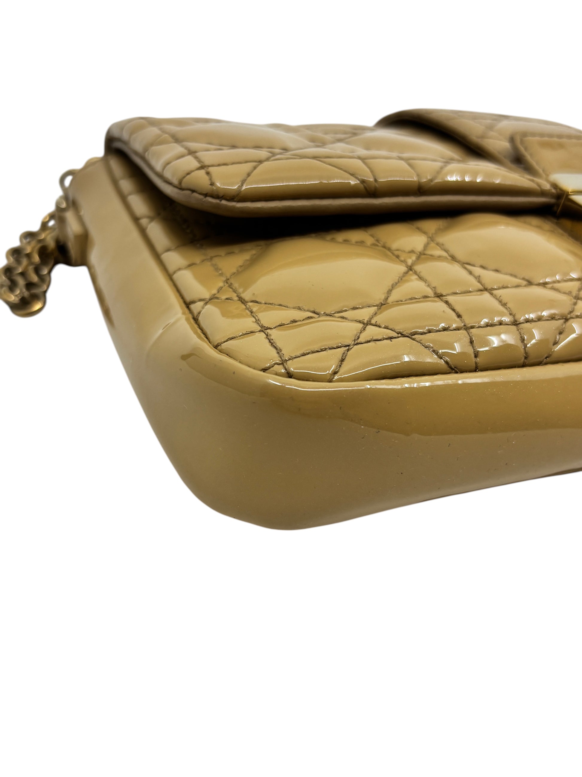 Posh Purse Co beige patent leather Dior Miss Dior Promenade bag with iconic Cannage quilting and chain strap detail.