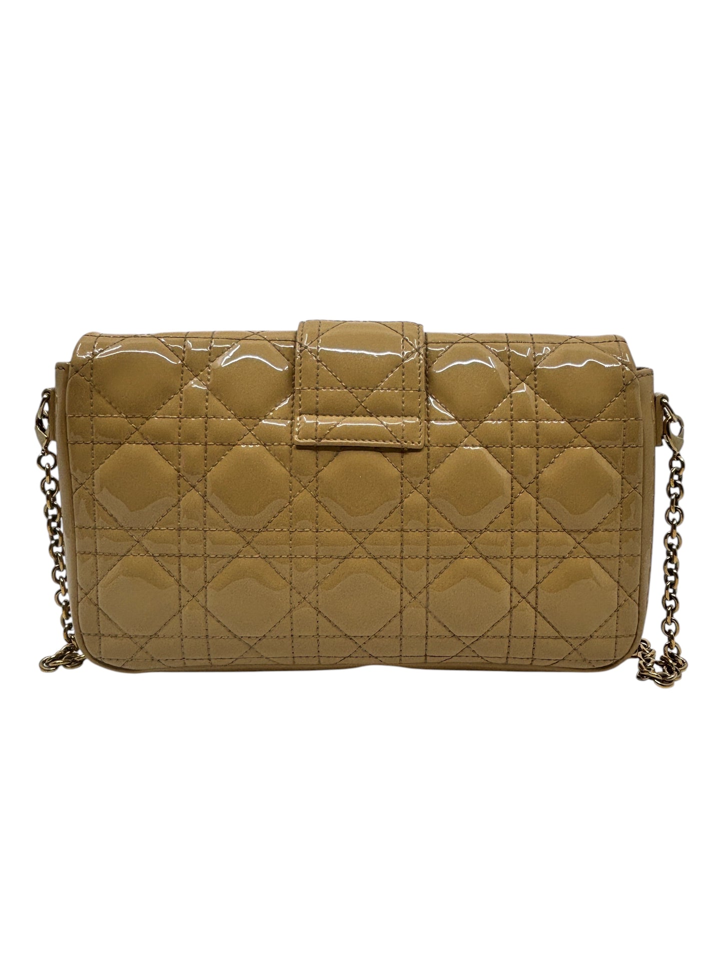 Posh Purse Co beige patent leather Dior Miss Dior Promenade bag with iconic Cannage quilting and gold chain strap.