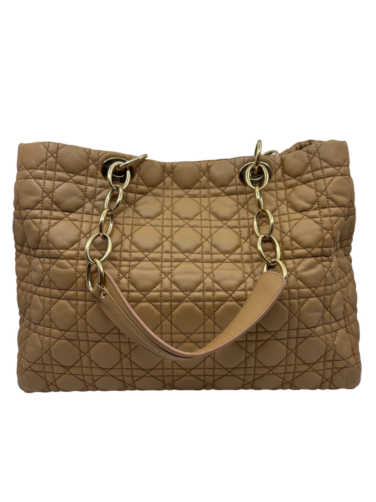 Posh Purse Co beige Dior Cannage chain tote bag with signature quilted pattern and polished gold-tone hardware.