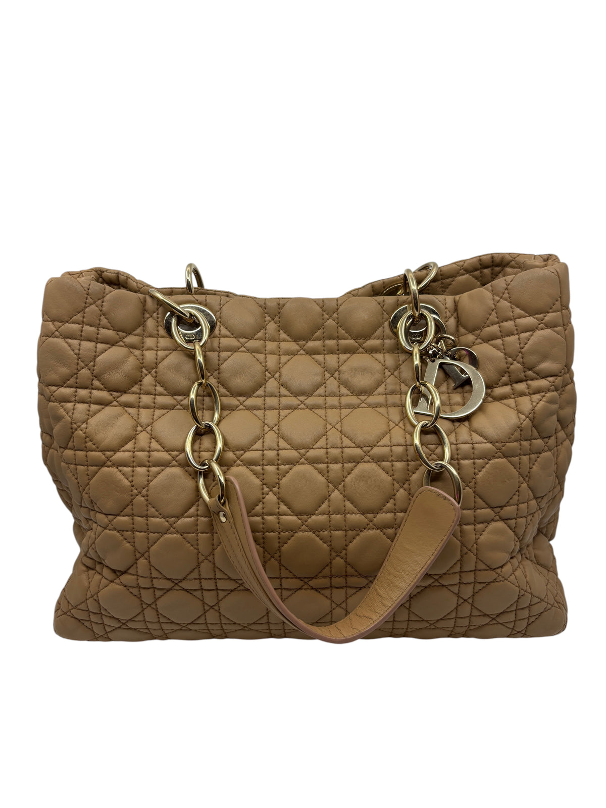 Posh Purse Co. beige Dior Cannage chain tote bag featuring signature quilted leather and polished gold-tone hardware.