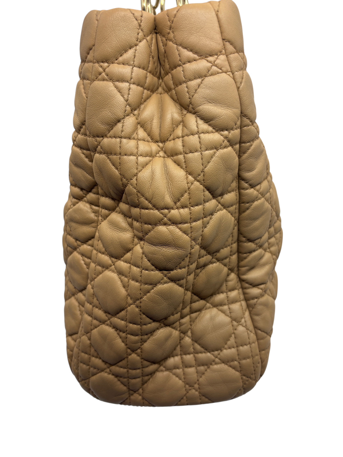 Posh Purse Co. beige Dior Cannage chain tote bag featuring signature quilted leather and structured side profile.