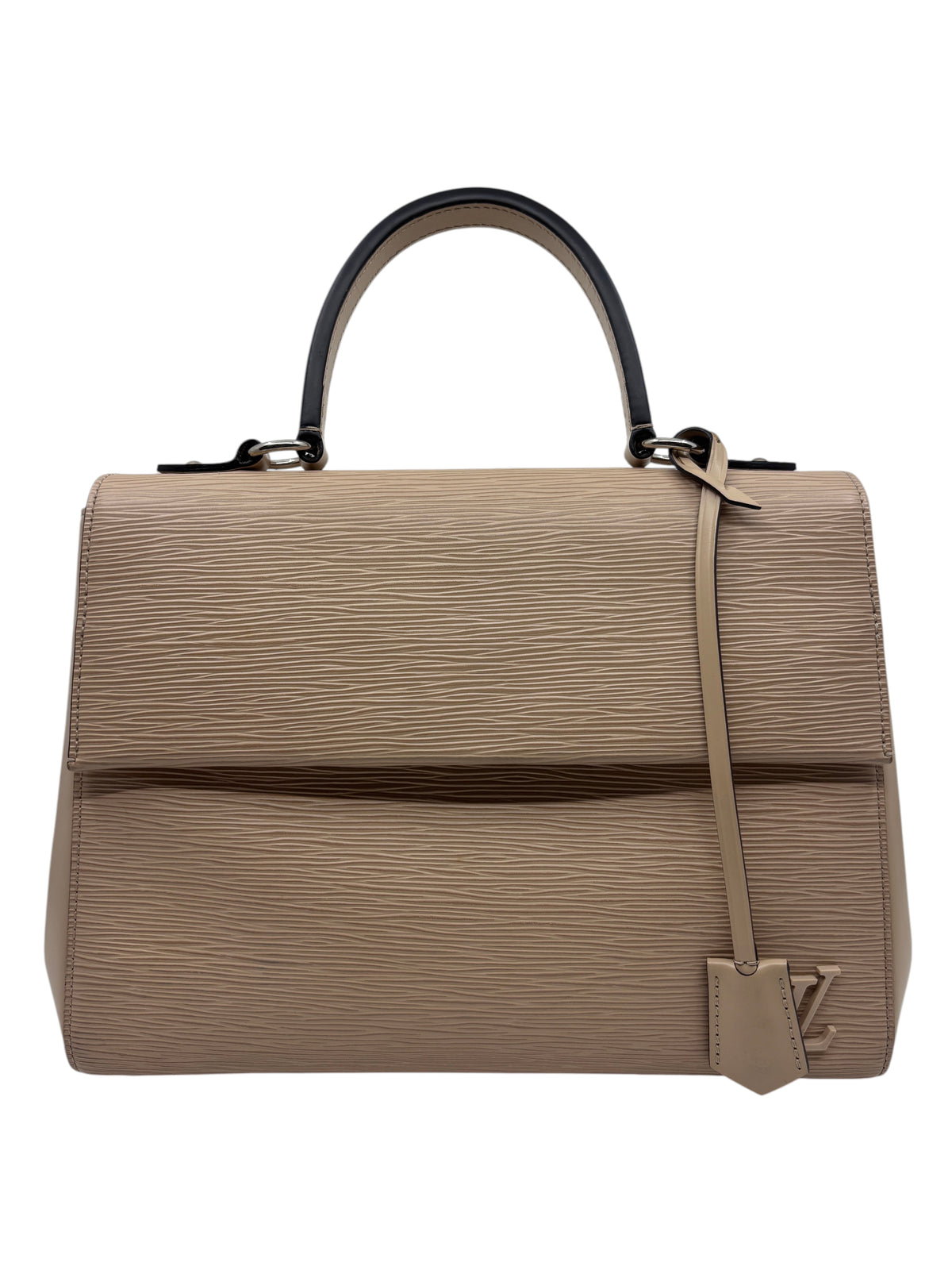 Posh Purse Co. beige Louis Vuitton Cluny MM handbag in textured Epi leather with a structured top handle.